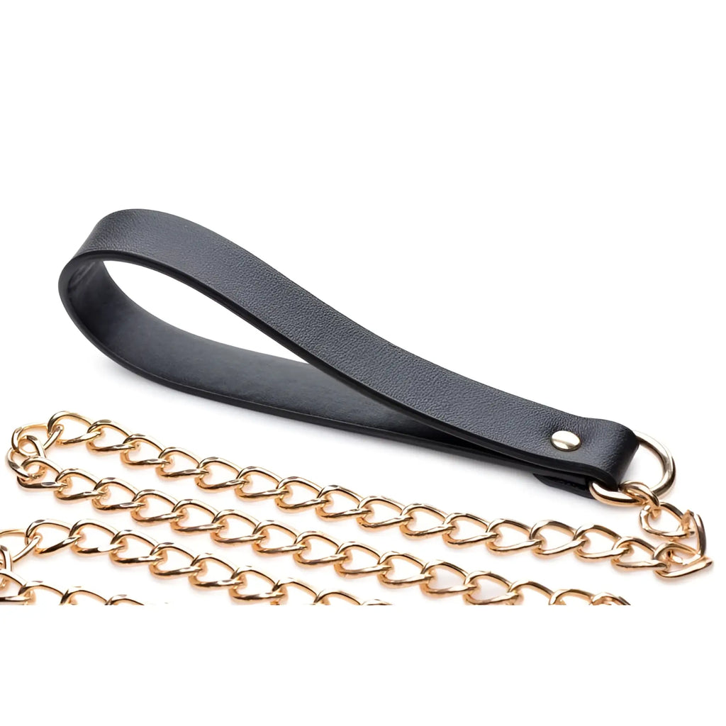 Black leather wrist strap with gold-toned chain links from master series leashed lover black gold chain leash