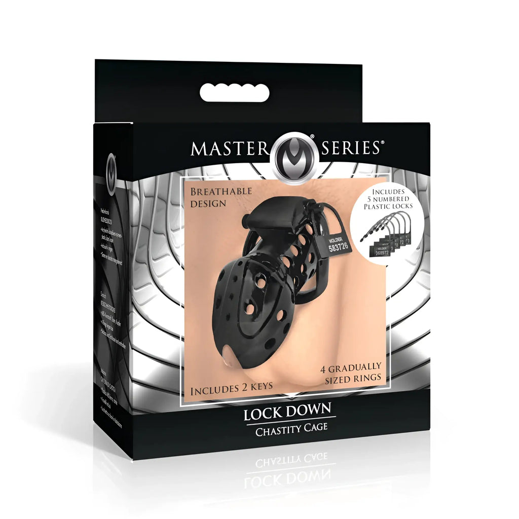 Black master series lock down chastity cage with numbered plastic locks and gradually sized rings for secure wear