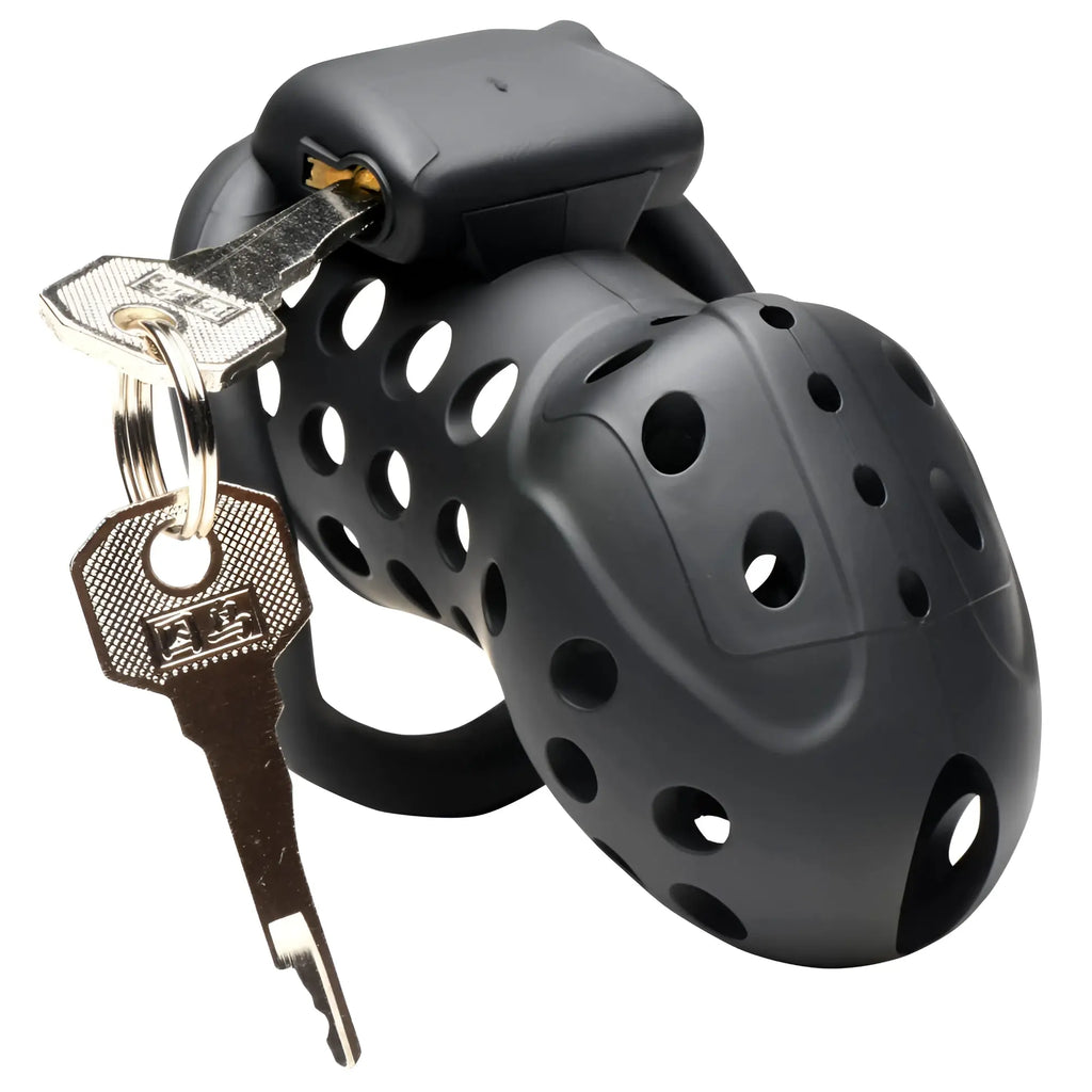 Black plastic master series lock down chastity cage with key inserted in lock showing front side of product