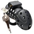 Black plastic master series lock down chastity cage with key inserted in lock showing front side of product