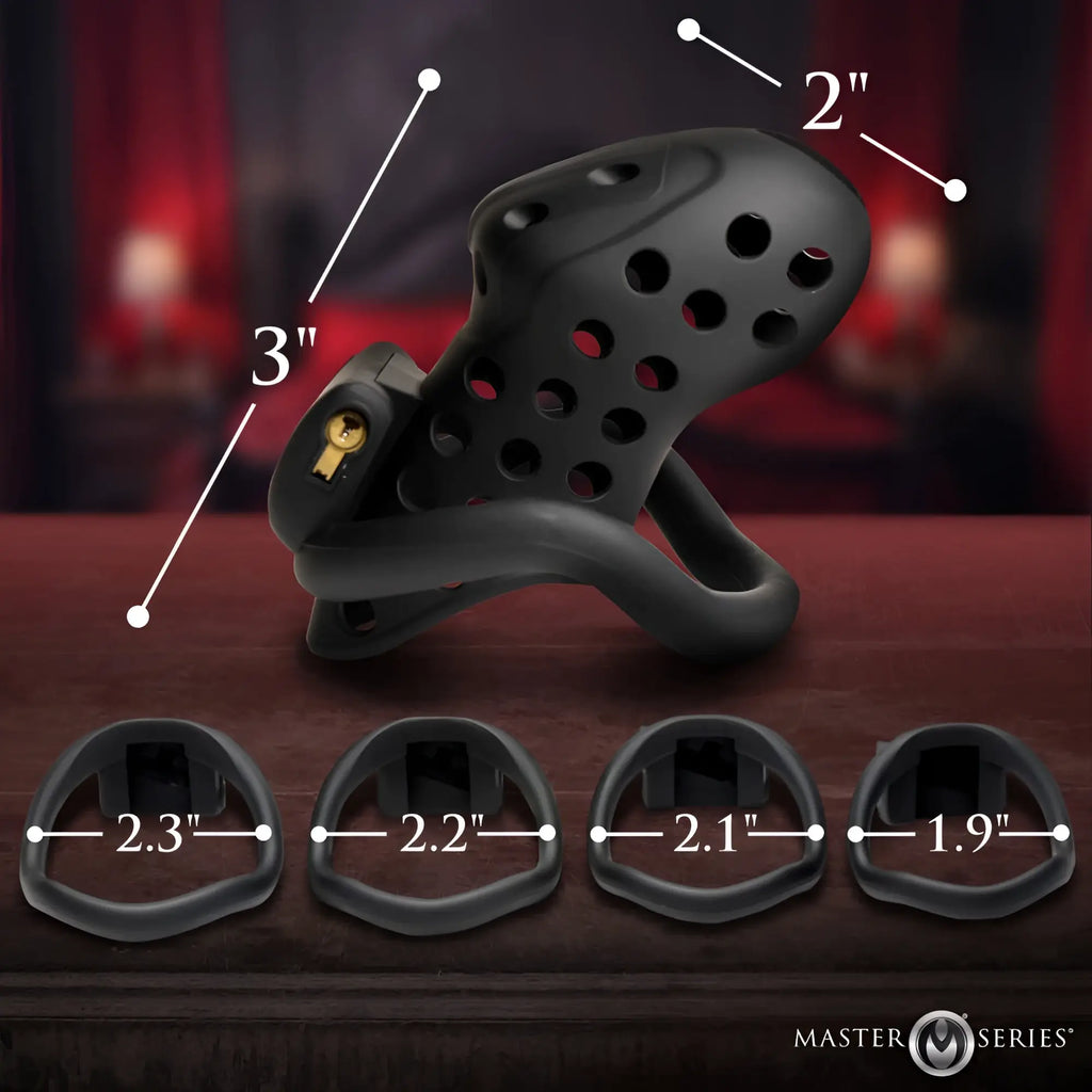 Black silicone chastity cage with gold lock and adjustable rings from the master series lock down chastity cage product