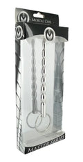 Silver metallic cock ring with twisted design and dual rings packaged in clear plastic black branded Master Series.