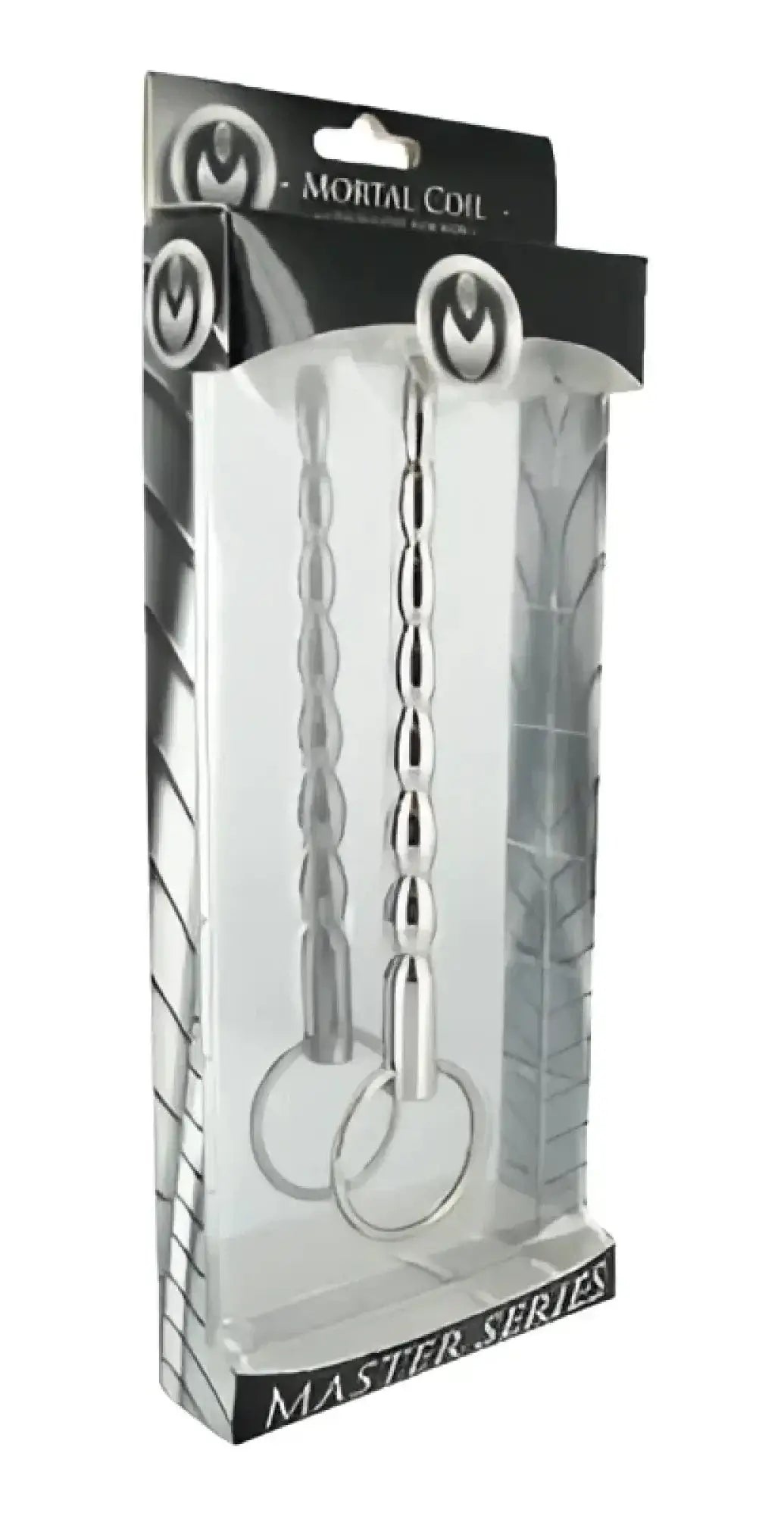Silver metallic cock ring with twisted design and dual rings packaged in clear plastic black branded Master Series.
