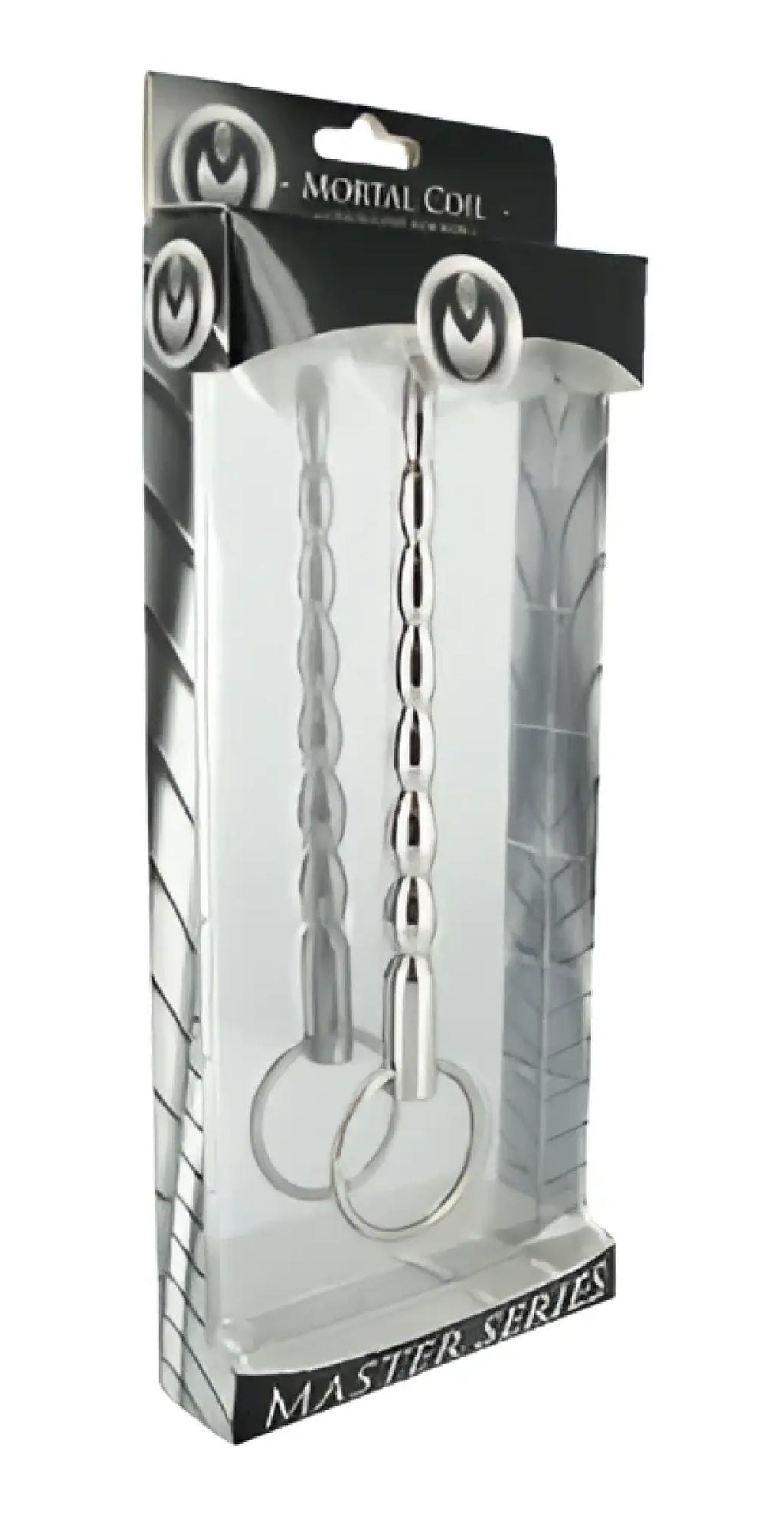 Silver metallic cock ring with twisted design and dual rings packaged in clear plastic black branded master series the mortal coil sound