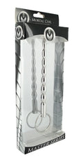 Silver metallic cock ring with twisted design and dual rings packaged in clear plastic black branded master series the mortal coil sound