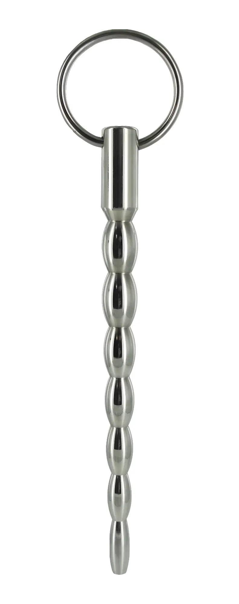 Silver metallic keychain from master series the mortal coil sound with a cylindrical body and rounded bead segments