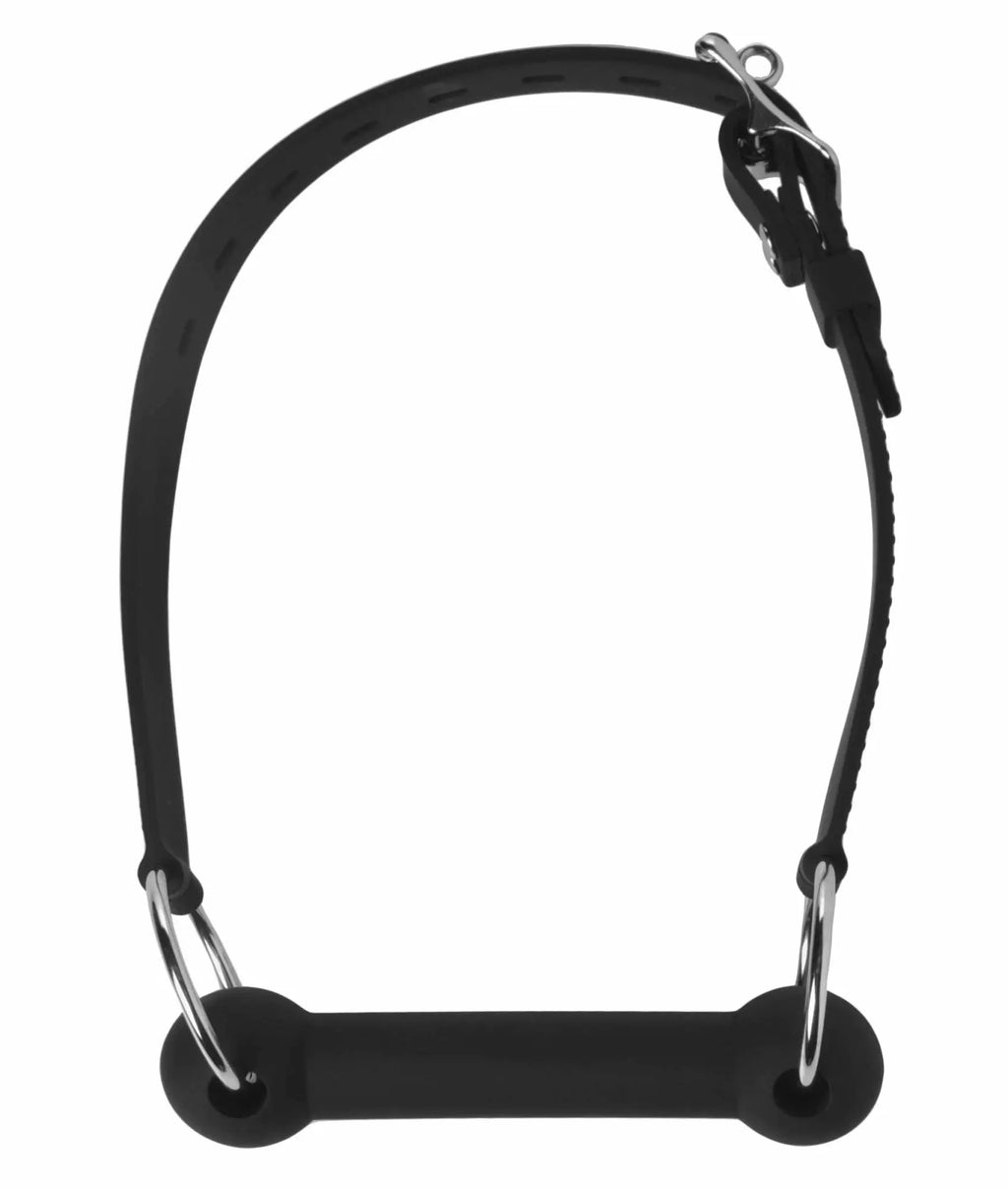 Black leather horse bit with silver metal rings and buckle in master series mr ed locking silicone bit gag