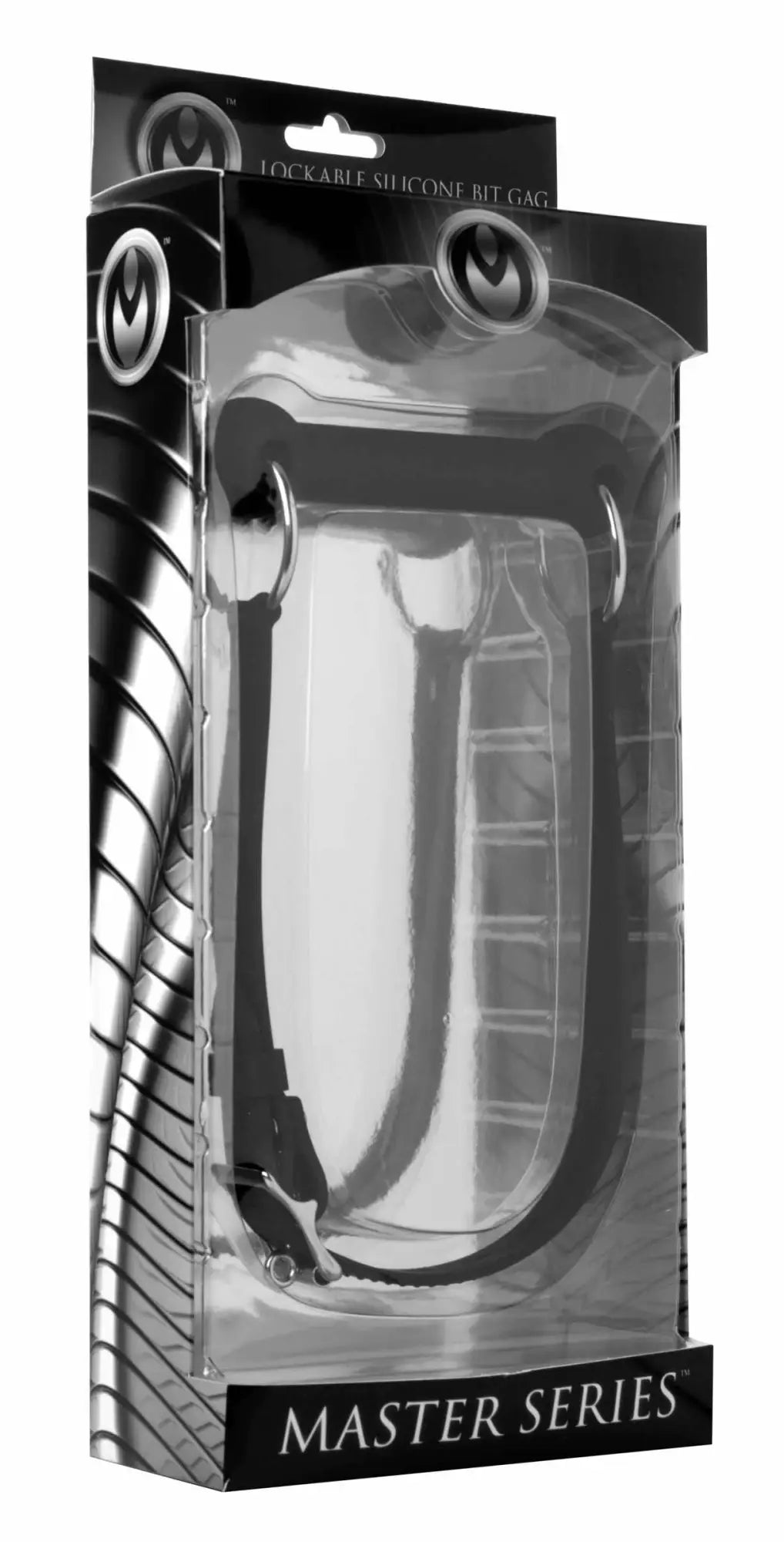 Black silicone lockable bit gag in clear plastic packaging from master series mr ed for secure restraint play