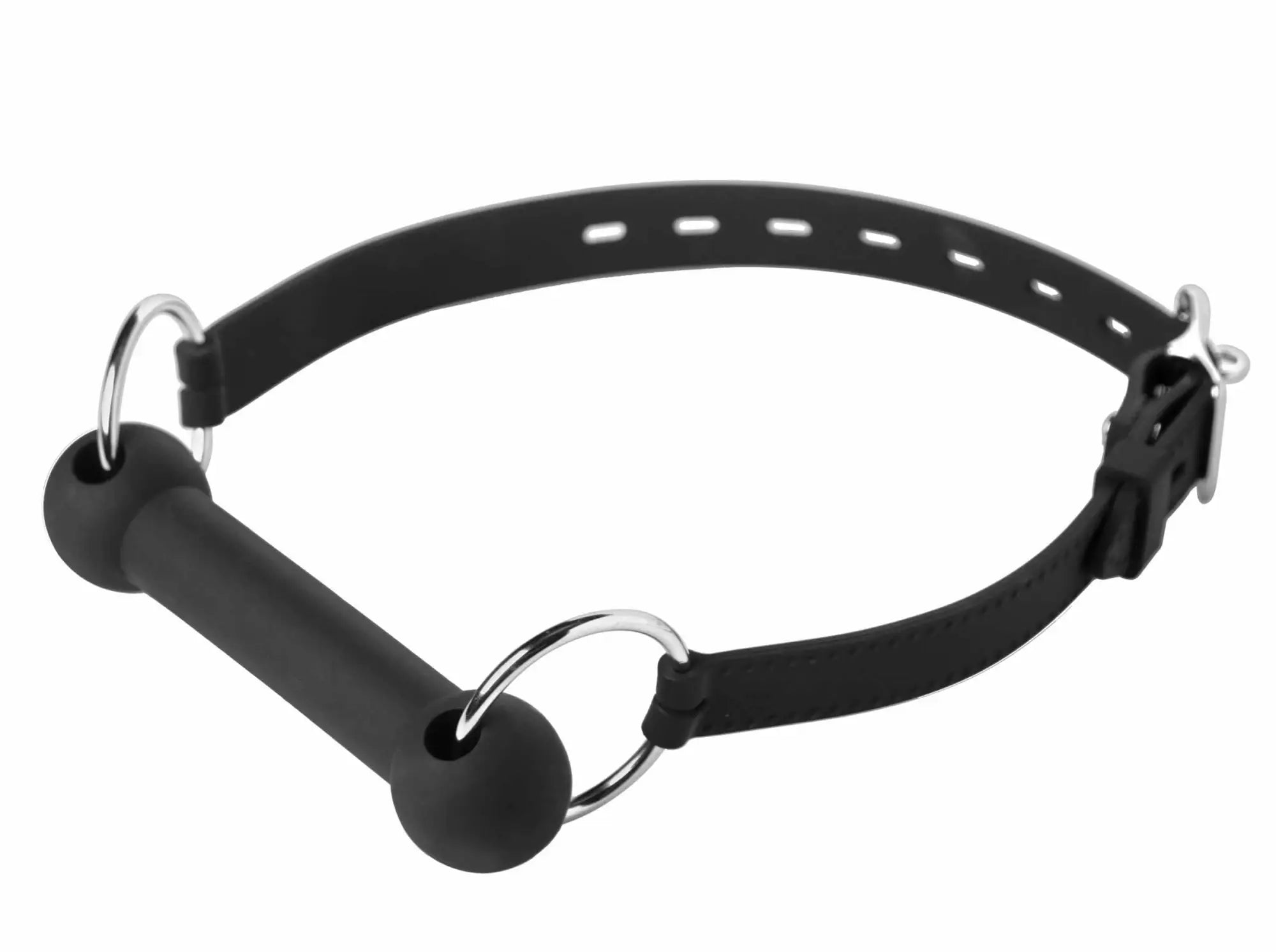 Black silicone locking bit gag muzzle with silver metal rings and buckle from Master Series Mr Ed collection