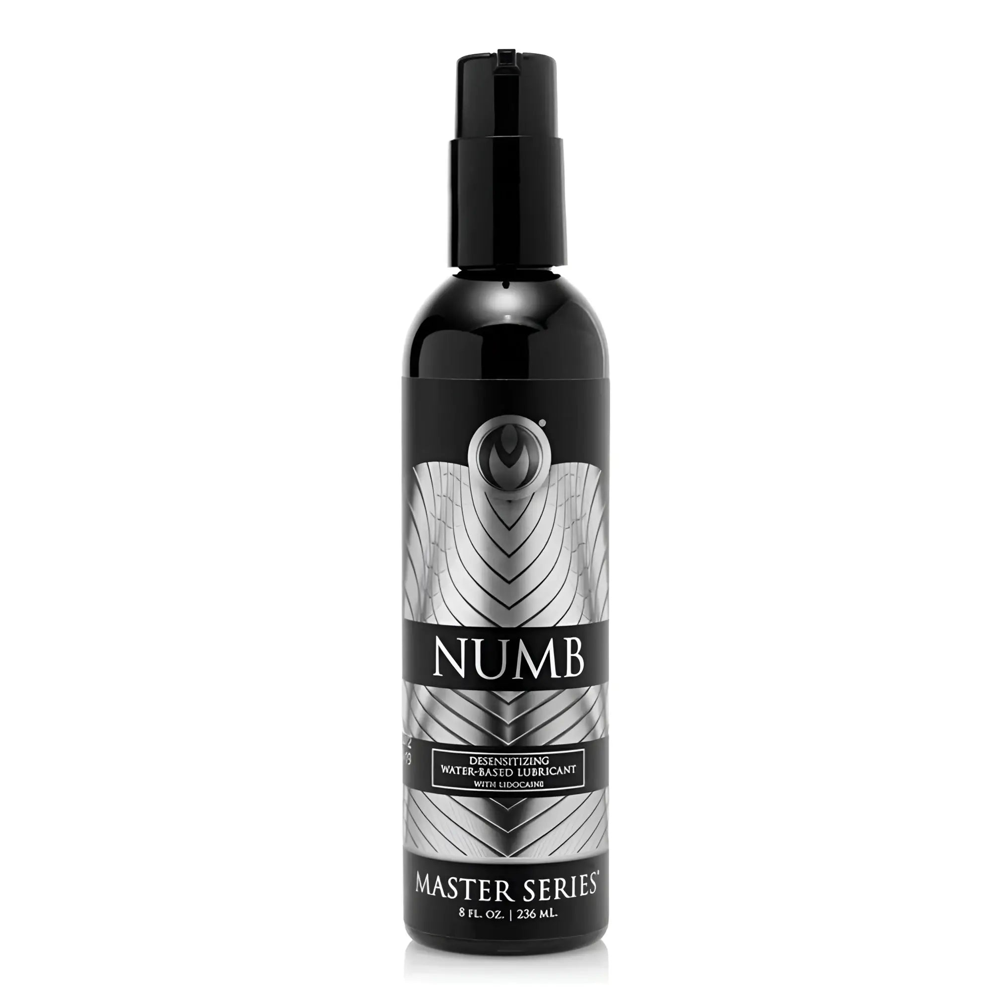 Black spray bottle with silver geometric label of master series numb desensitizing water based lubricant with lidocaine