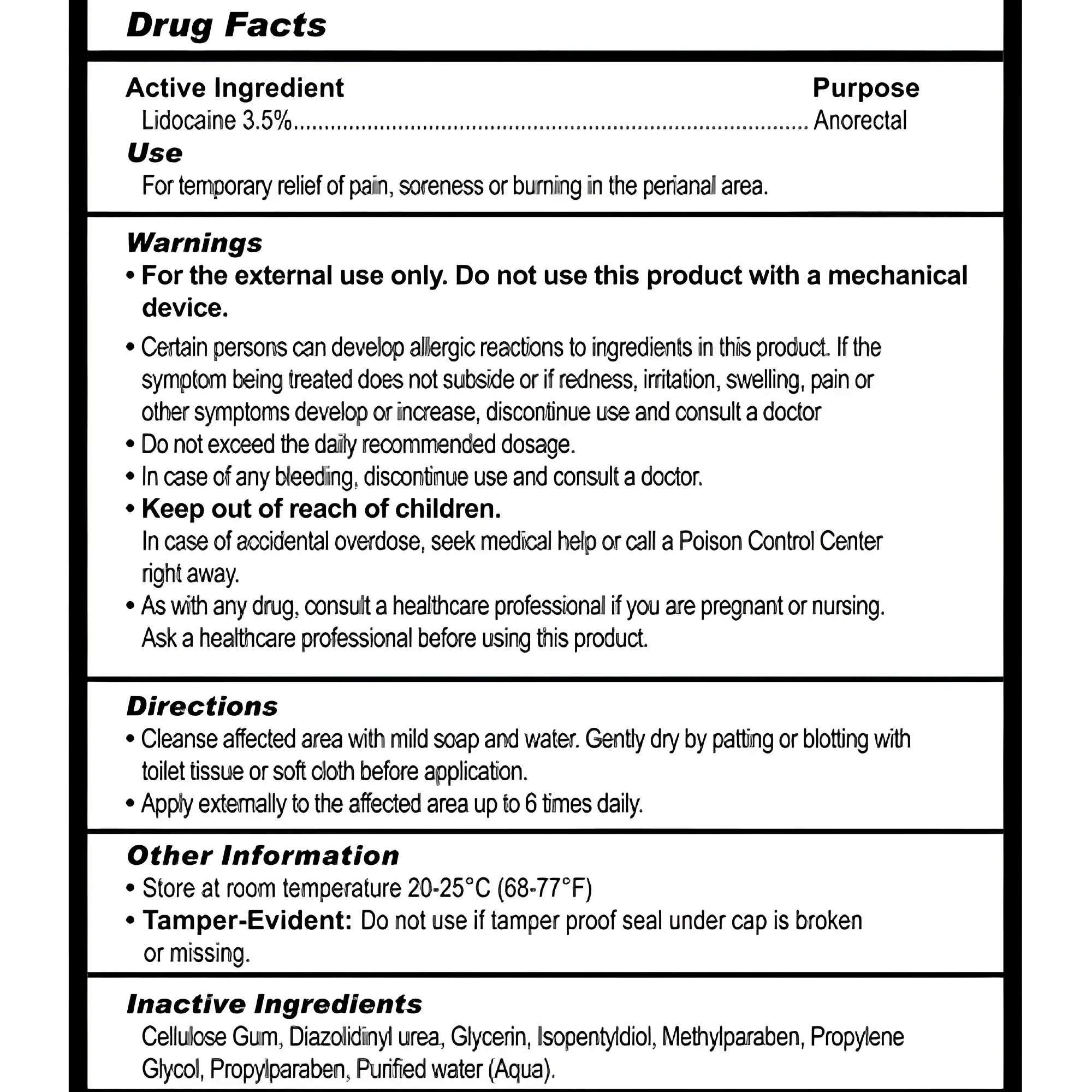 Back side of master series numb desensitizing water based lubricant with lidocaine showing white and black printed drug facts label