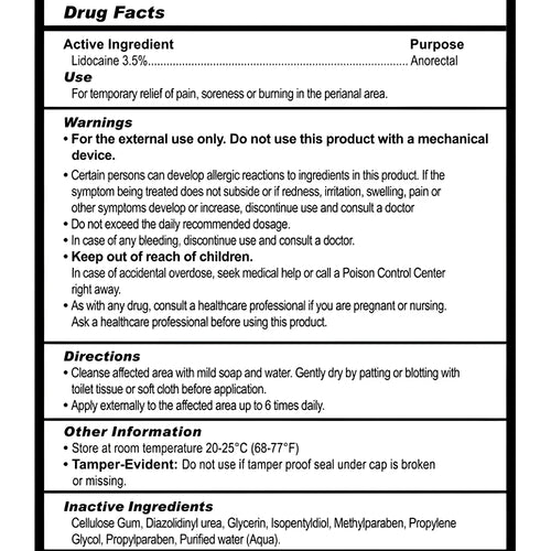 Back side of master series numb desensitizing water based lubricant with lidocaine showing white and black printed drug facts label