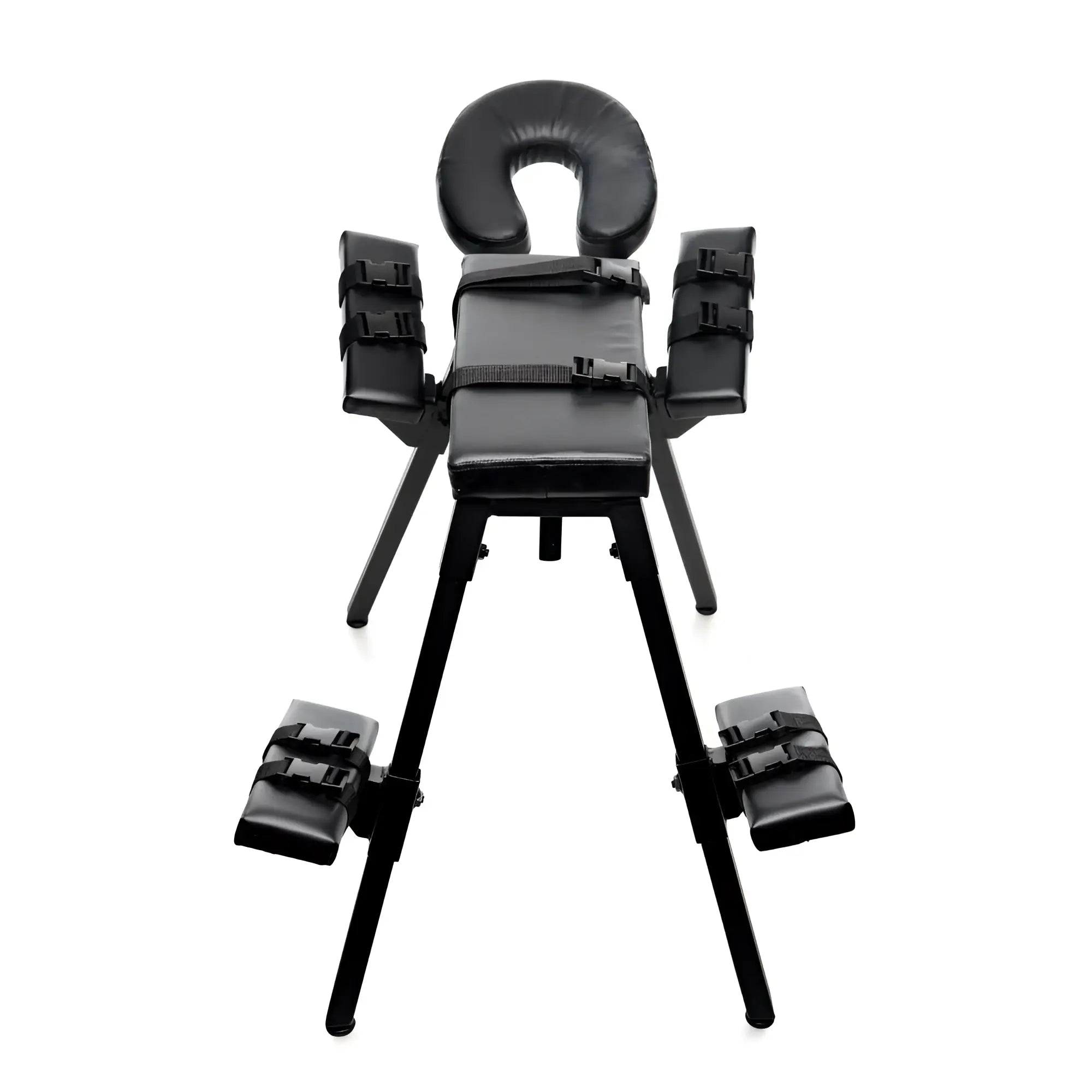Black padded restraint chair with adjustable arm and leg straps from master series obedience extreme sex bench