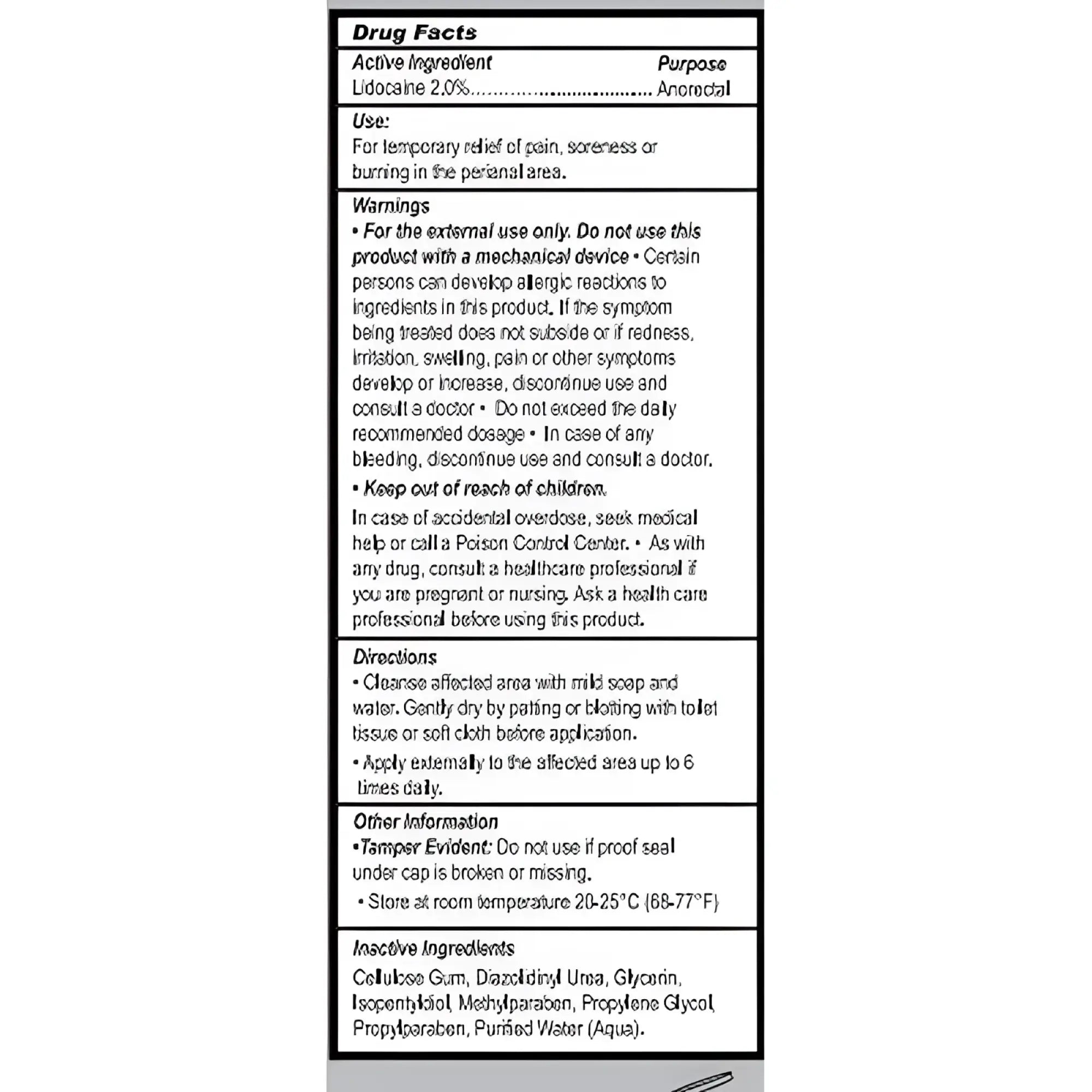 The back label on master series passion anal desensitising lubricant with lidocaine 2 percent for pain relief
