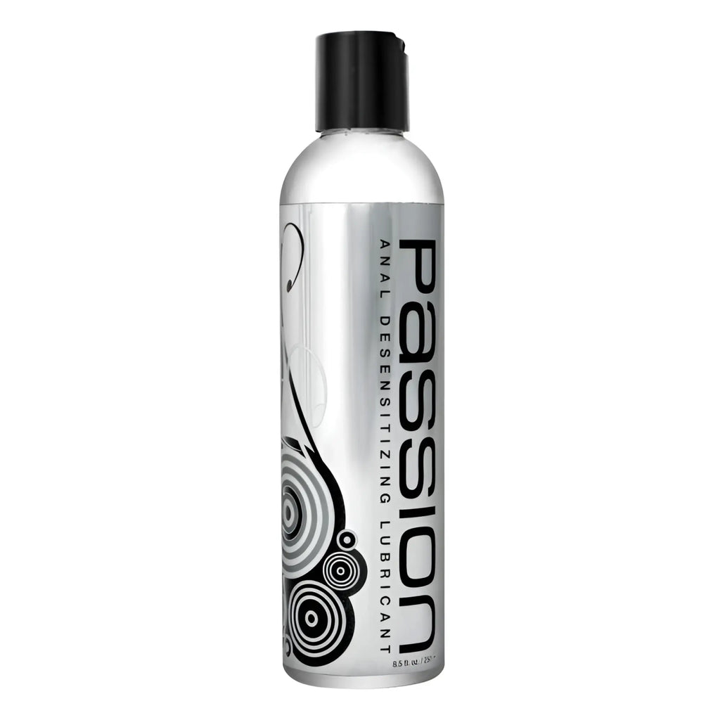 Silver bottle of master series passion anal desensitising lubricant with lidocaine and black cap with circular design
