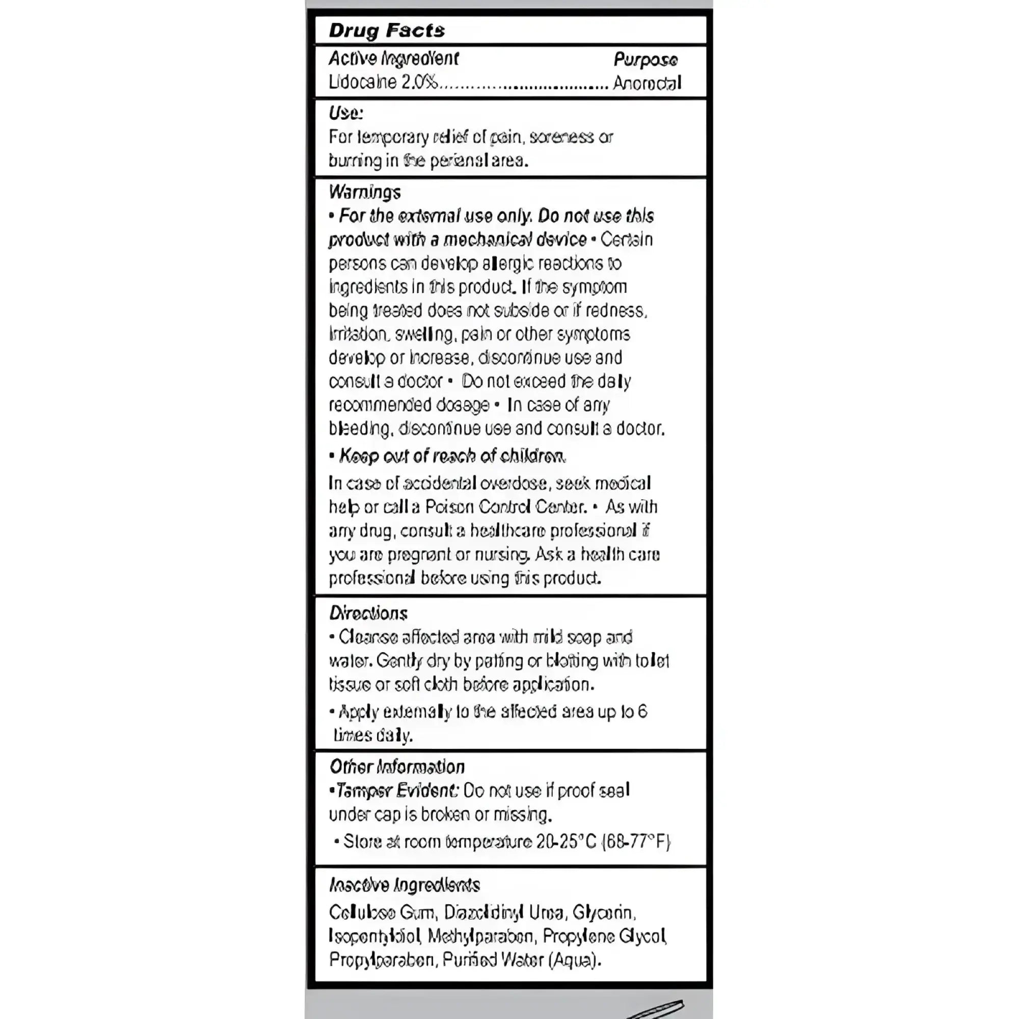 The back label on master series passion anal desensitising lubricant with lidocaine 2 percent for pain relief