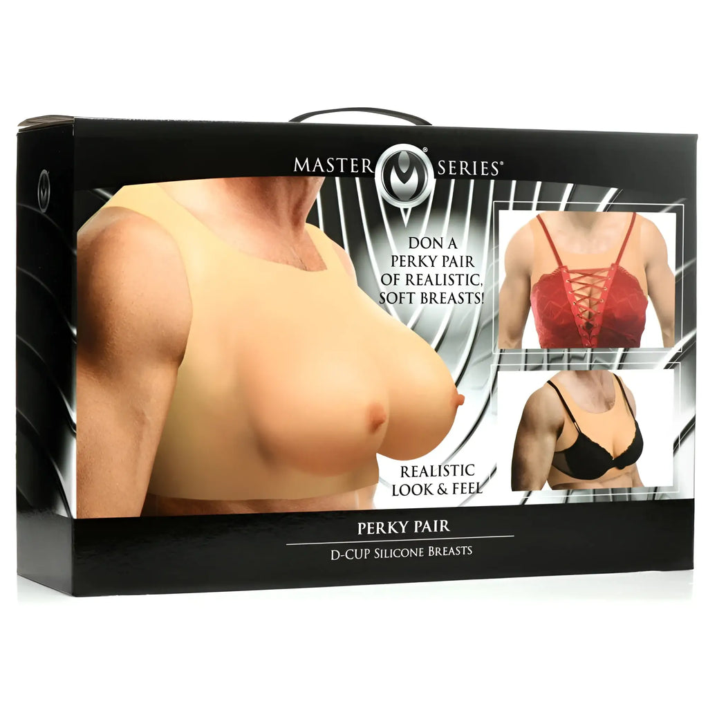 Master series perky pair d cup silicone breasts in a black box with images showing wear under different bras