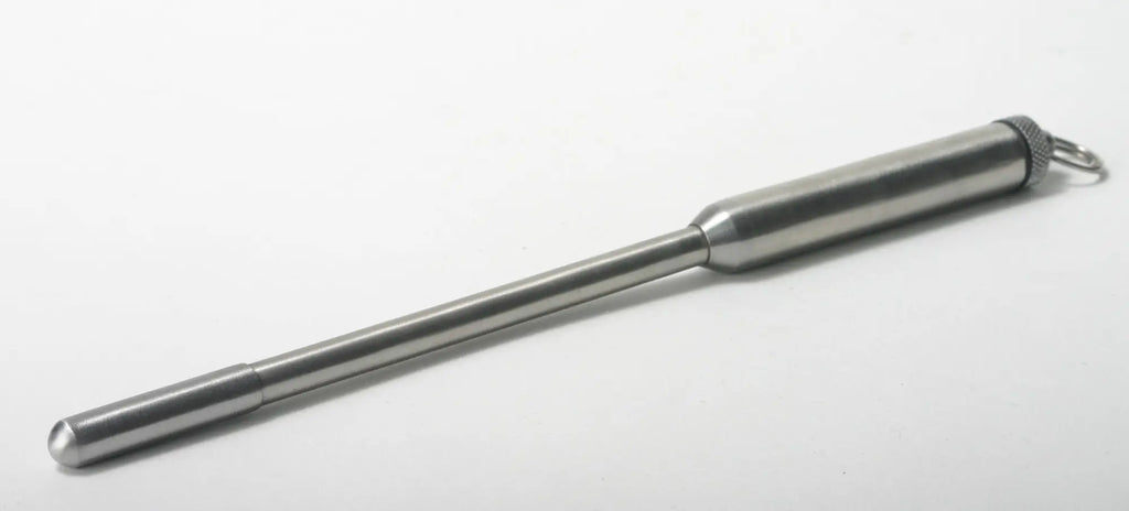 Silver metallic pen-style keychain with textured grip and rounded ends from master series power exchange medium vibrating sound