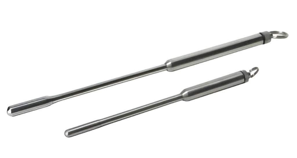 Two polished chrome cylindrical rods with rounded ends in master series power exchange medium vibrating sound device