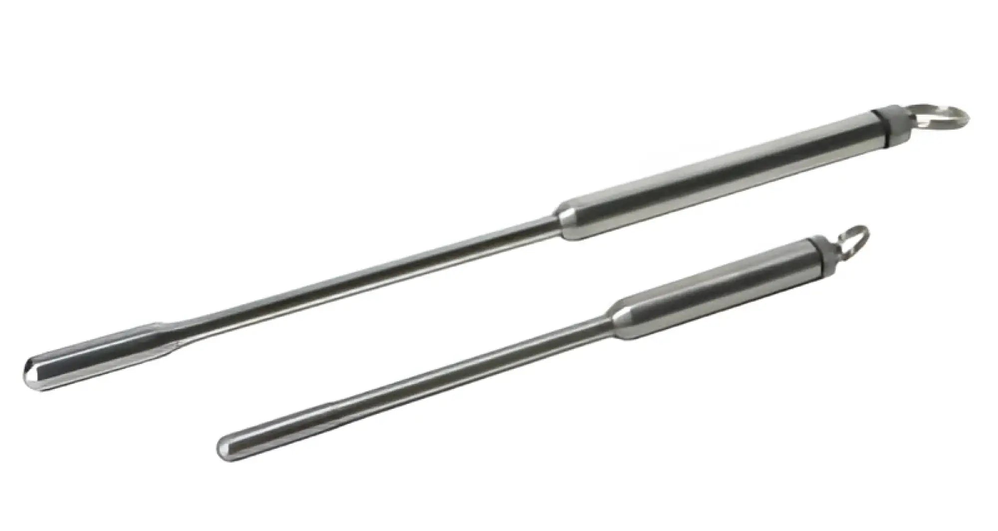 Two polished chrome cylindrical rods with rounded ends in master series power exchange medium vibrating sound device