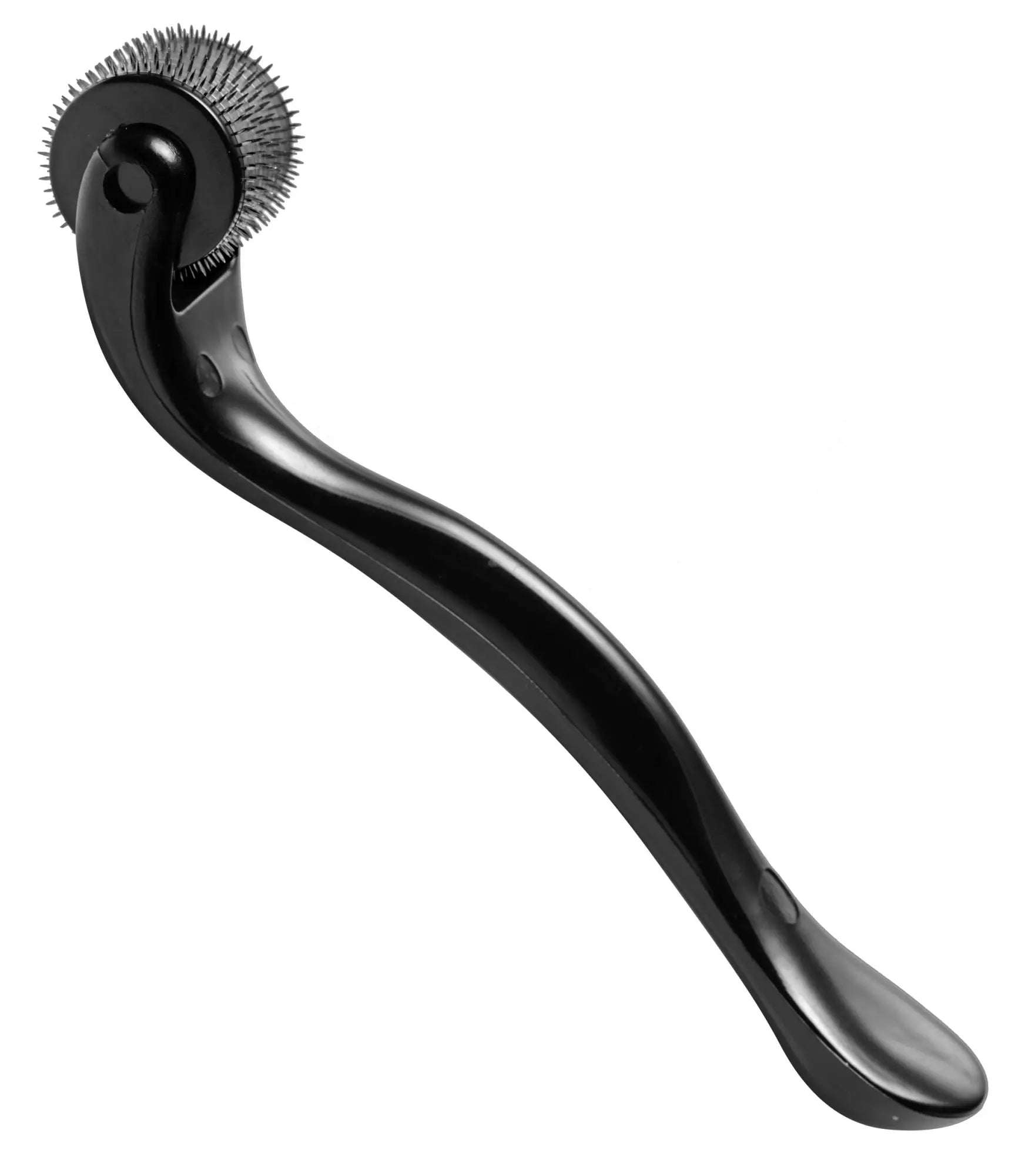 Master series prick 10 row spiked pinwheel black skin needling roller with sleek curved handle and metallic needle head