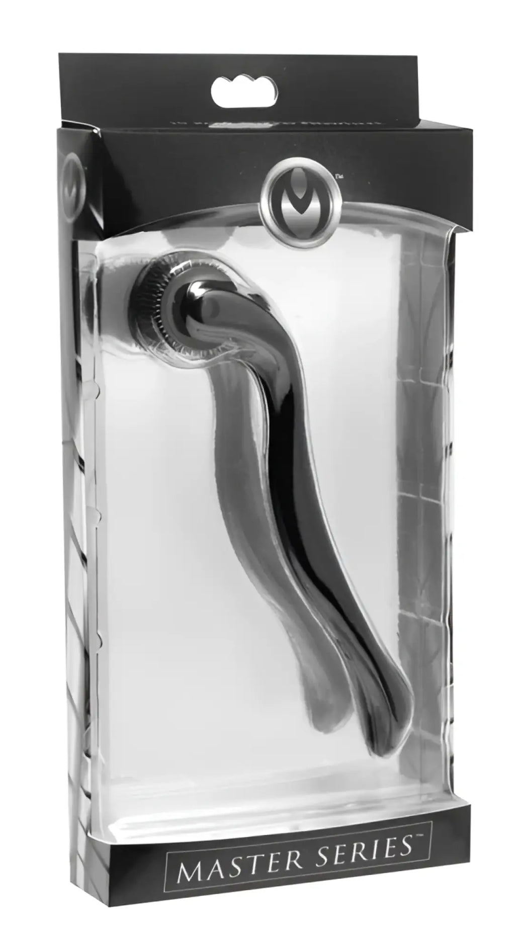 Shiny chrome-finished metal door handle with sleek curved design and textured grip for master series prick 10 row spiked pinwheel
