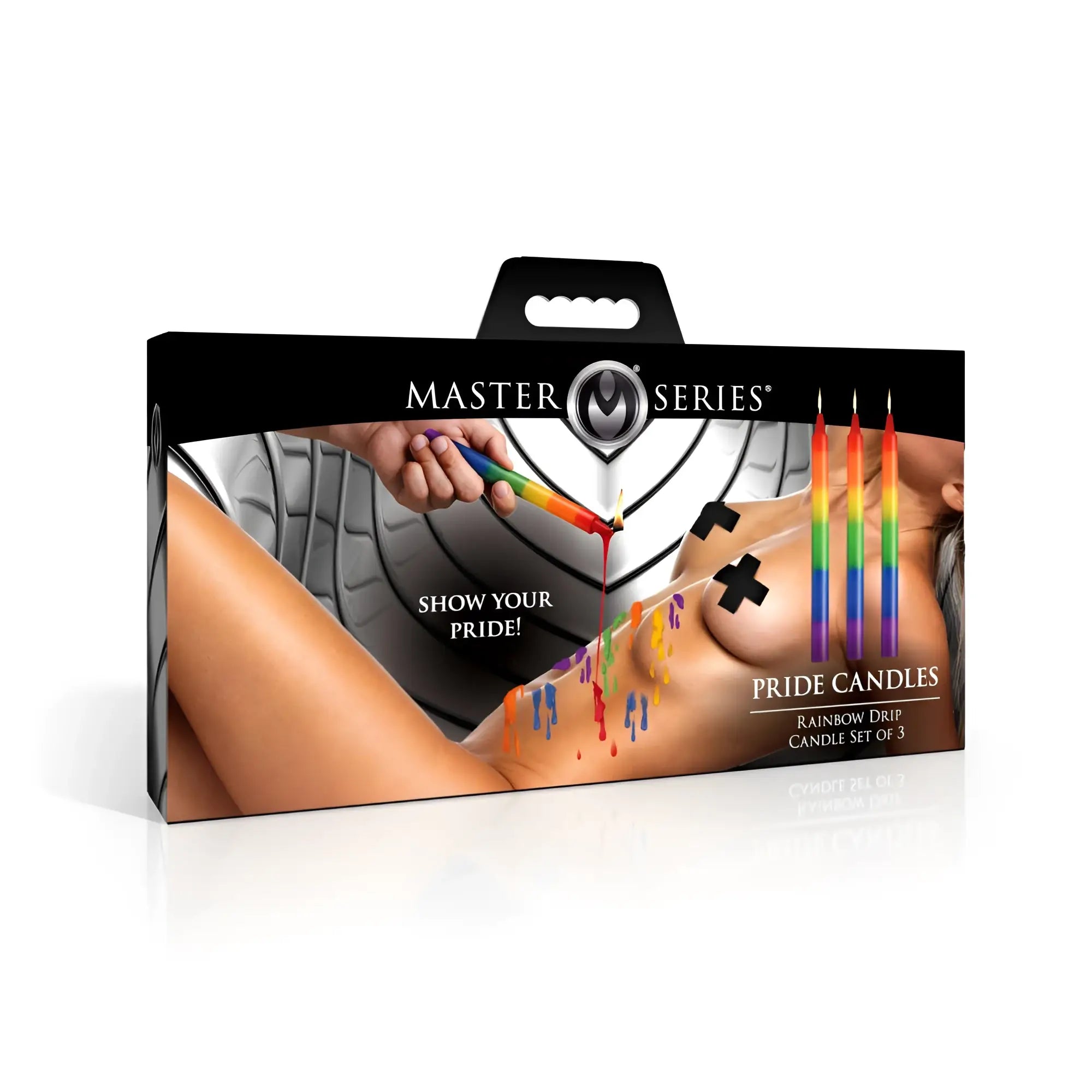 Master series pride candles rainbow drip candle set of three packaged in a black box with master series branding
