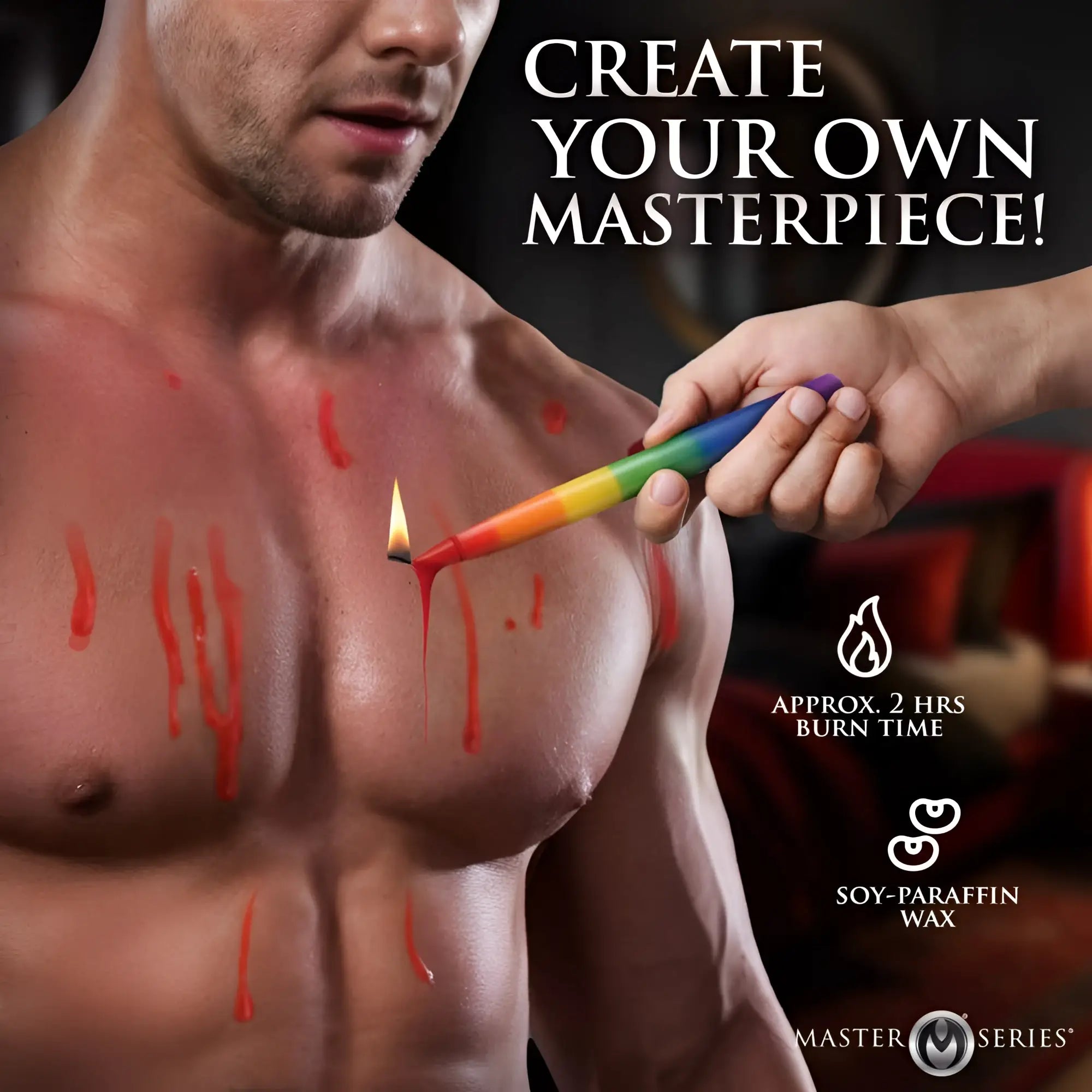 Master series pride candles rainbow drip candle in rainbow-striped color with lit wick and dripping wax
