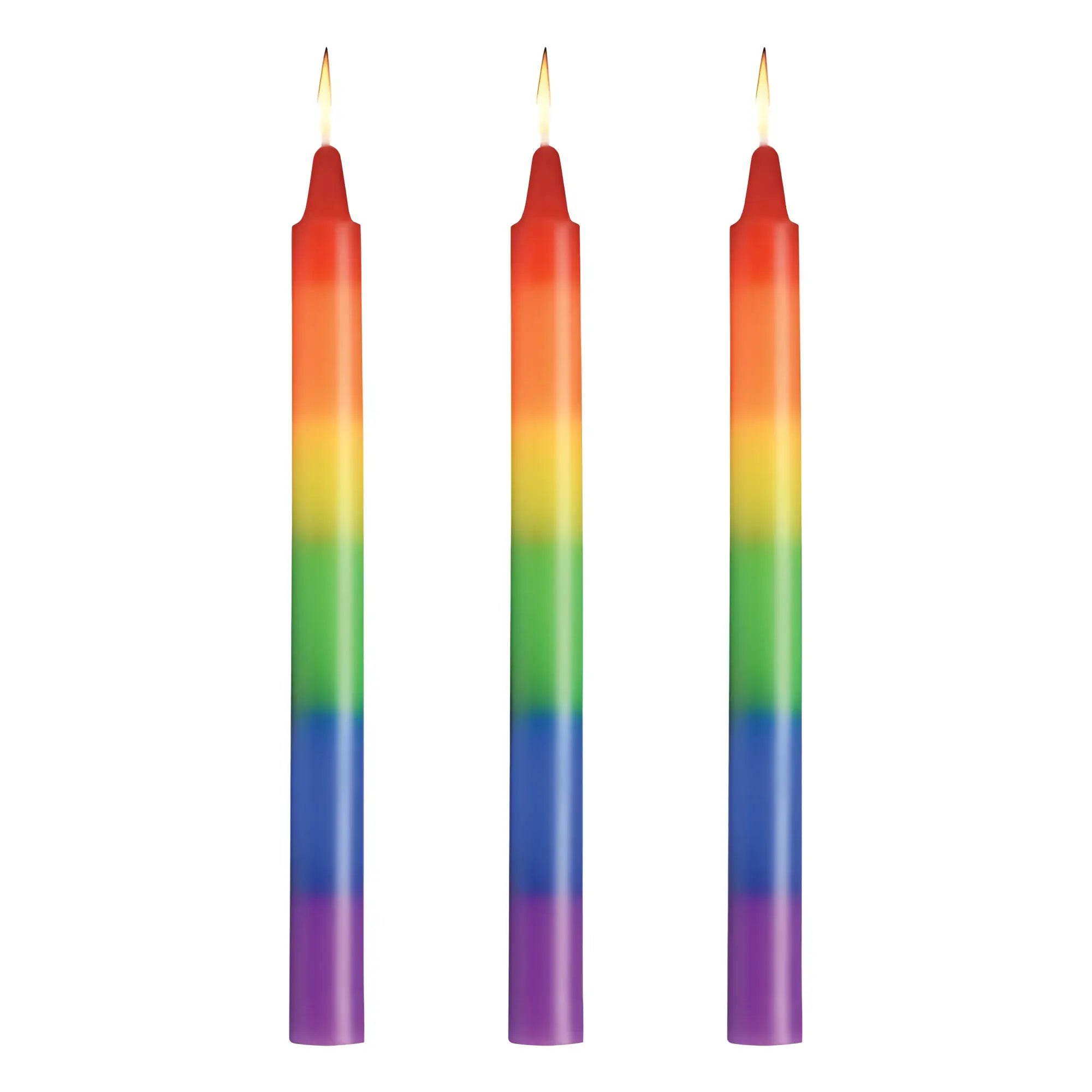 Three lit rainbow-colored taper candles with smooth gradient hues from red to purple master series pride candles 3 pc