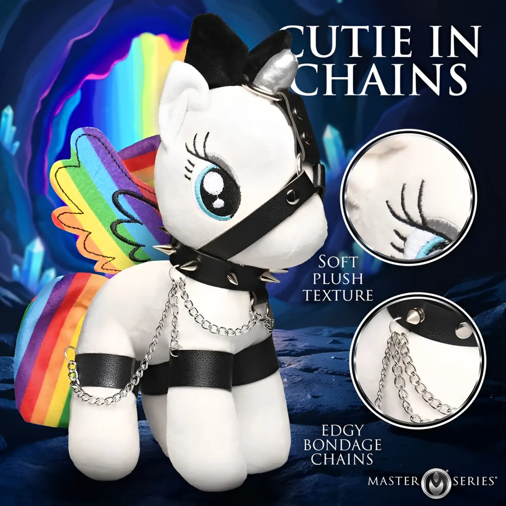 White plush master series prism pearl bondage pony with black leather straps silver chains and rainbow wing design