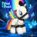 Master series prism pearl bondage pony white plush with rainbow wings black leather harness silver spikes and chain details