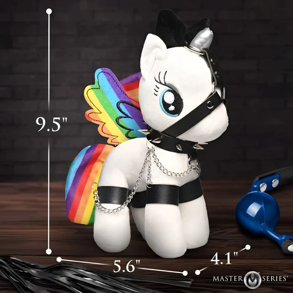 Master Series Prism Pearl bondage pony plush with white body, rainbow wings, metallic horn, and black leather harness details