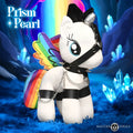 Master series prism pearl bondage pony white plush with rainbow wings black leather harness silver spikes and chain details