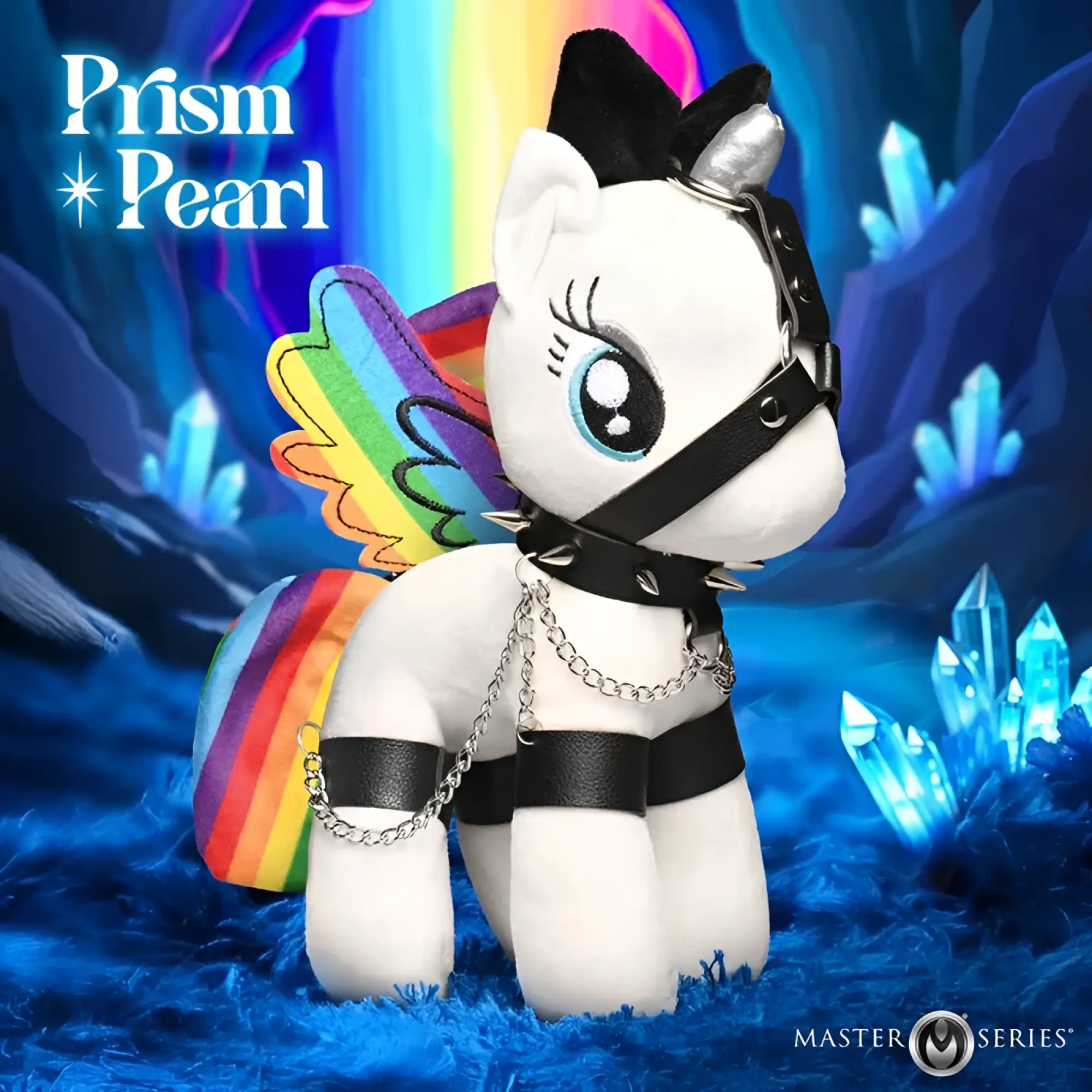 Master series prism pearl bondage pony white plush with rainbow wings black leather harness silver spikes and chain details