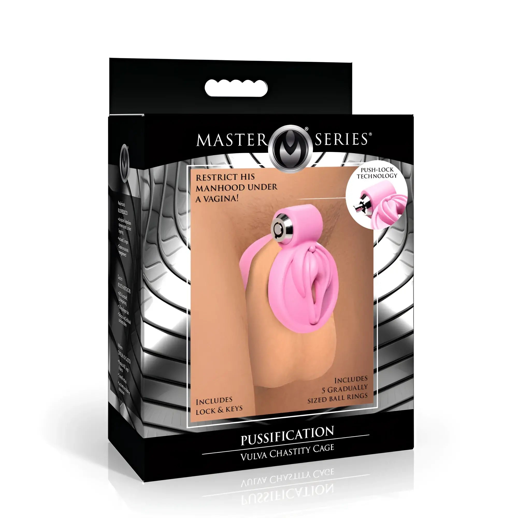 Pink silicone vulva chastity cage with silver metallic lock mechanism from master series pussification collection