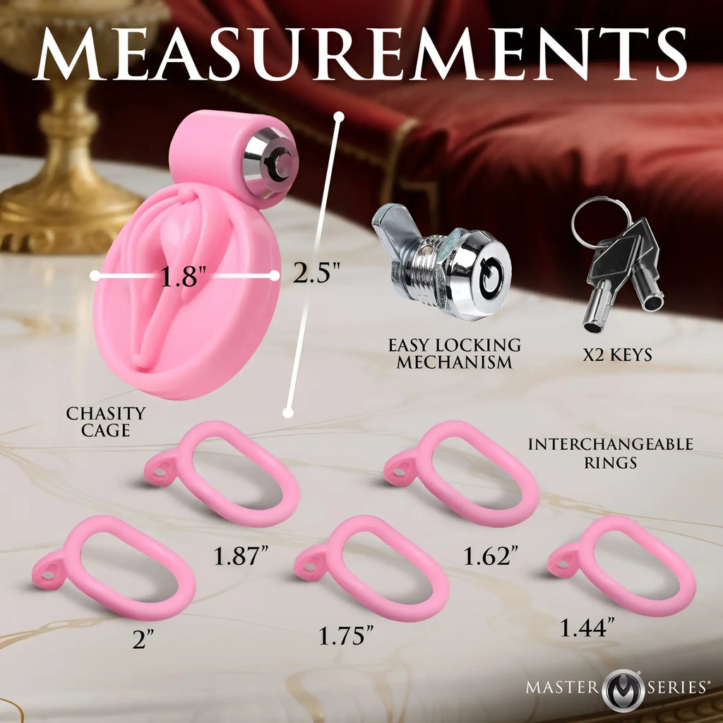 Pink silicone Master Series Pussification vulva chastity cage with chrome locking mechanism and interchangeable rings