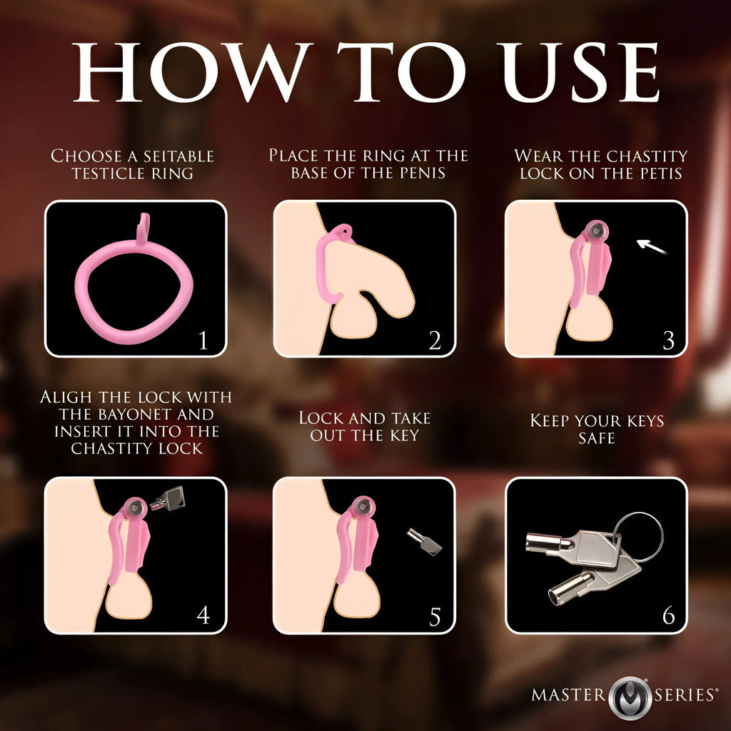 Pink silicone chastity ring with matching lock and metal keys from master series pussification vulva chastity cage product