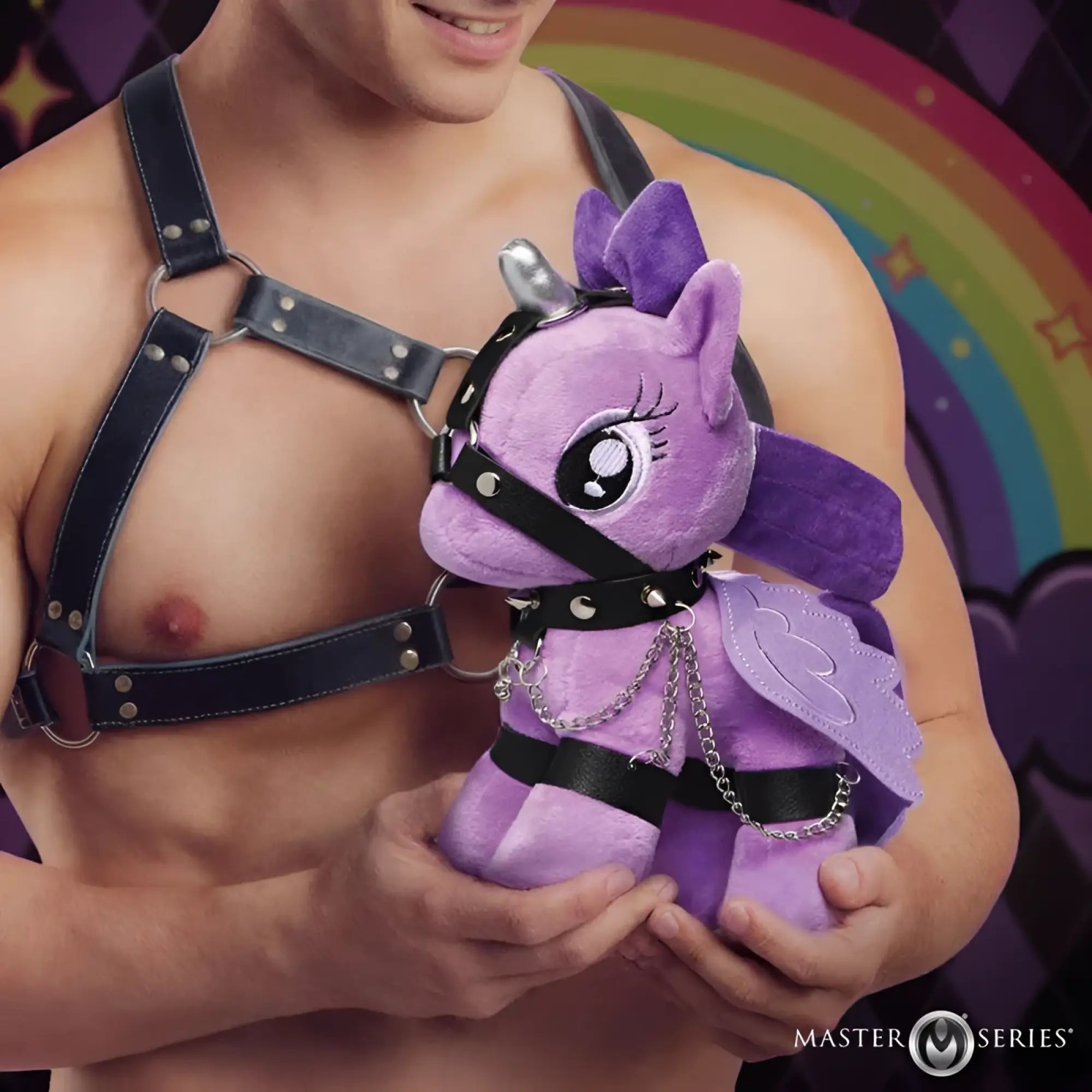 Purple plush pony with black leather harness and silver chain accents in master series raven plum bondage pony