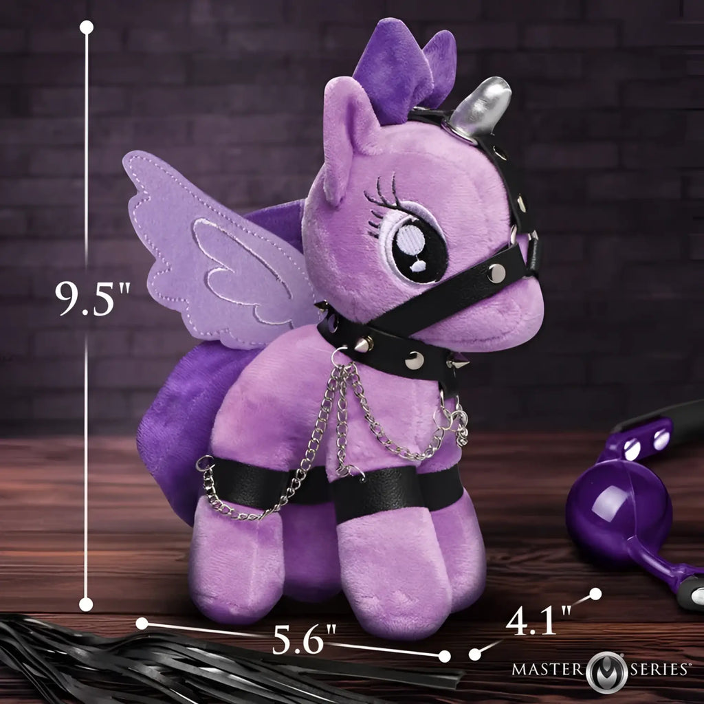 Master series raven plum bondage pony plush purple with black leather harness silver chains metallic horn and stitched wings