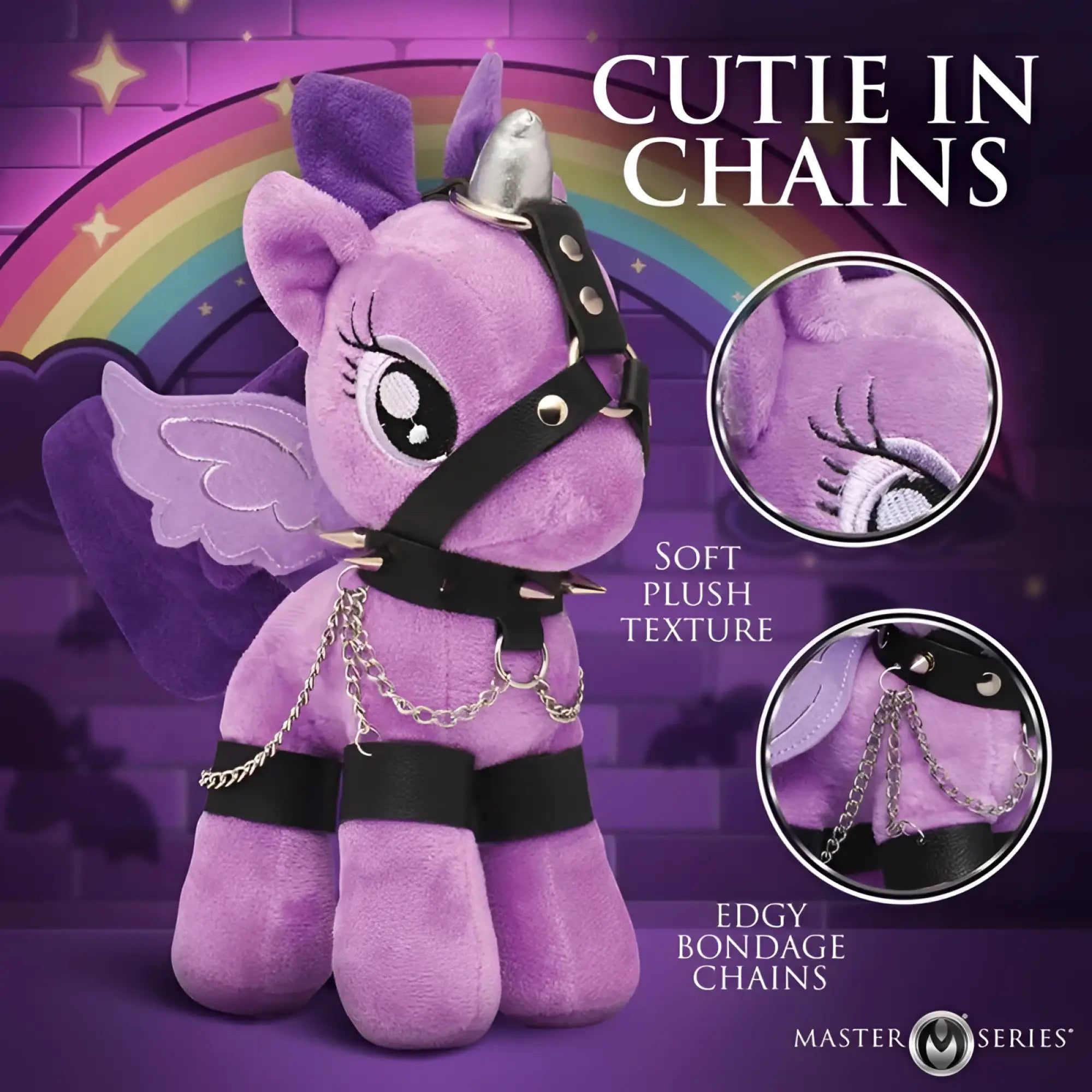 Master Series Raven Plum bondage pony in purple plush with black leather straps silver chains and metallic horn wing accents