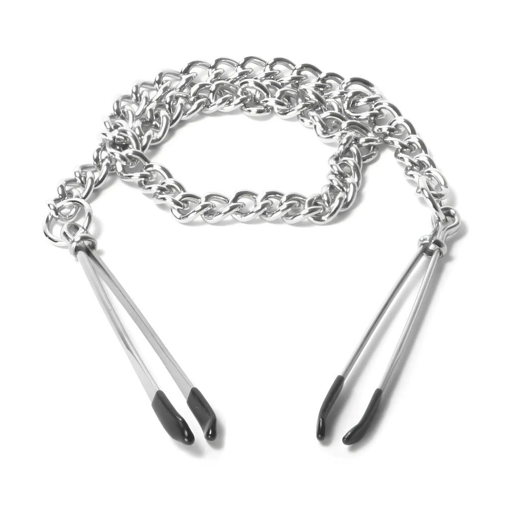 Master Series reign tweezer style nipple vice silver chain with black tipped metal clamps for adjustable grip