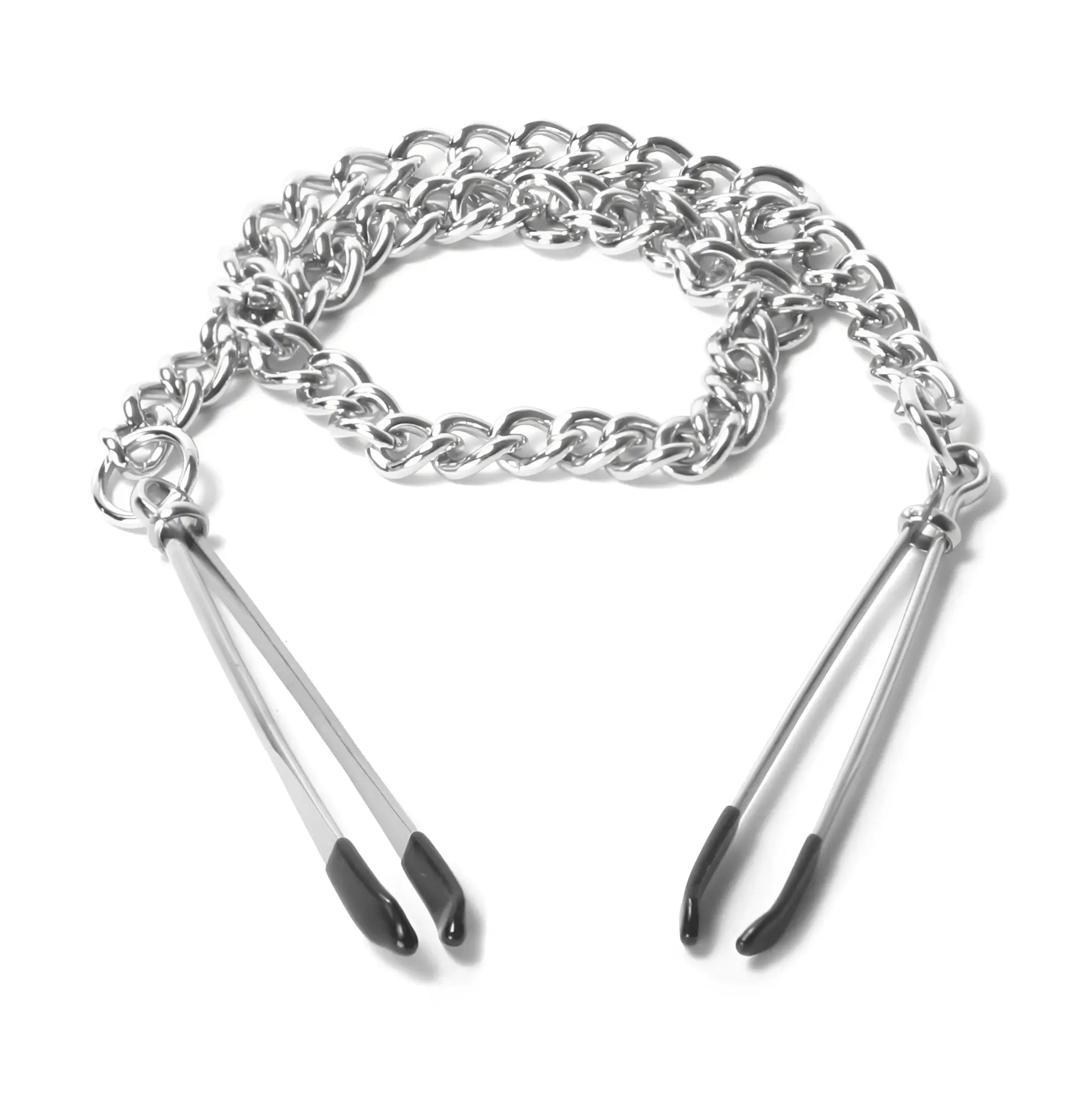 Master Series reign tweezer style nipple vice silver chain with black tipped metal clamps for adjustable grip