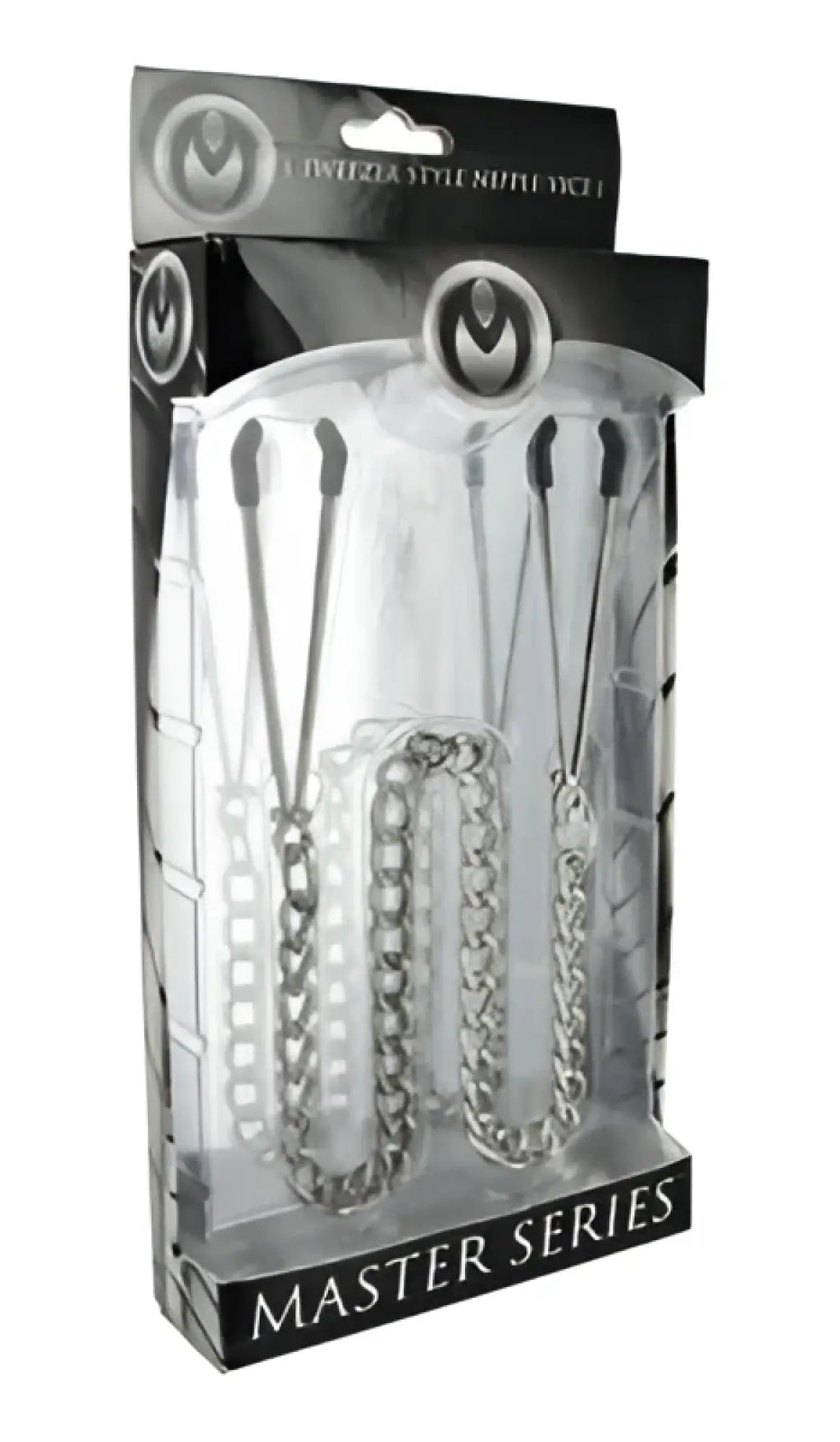 Silver chain-style master series reign tweezer style nipple vice in clear plastic packaging with black branding