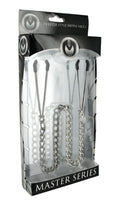 Silver chain-style master series reign tweezer style nipple vice in clear plastic packaging with black branding