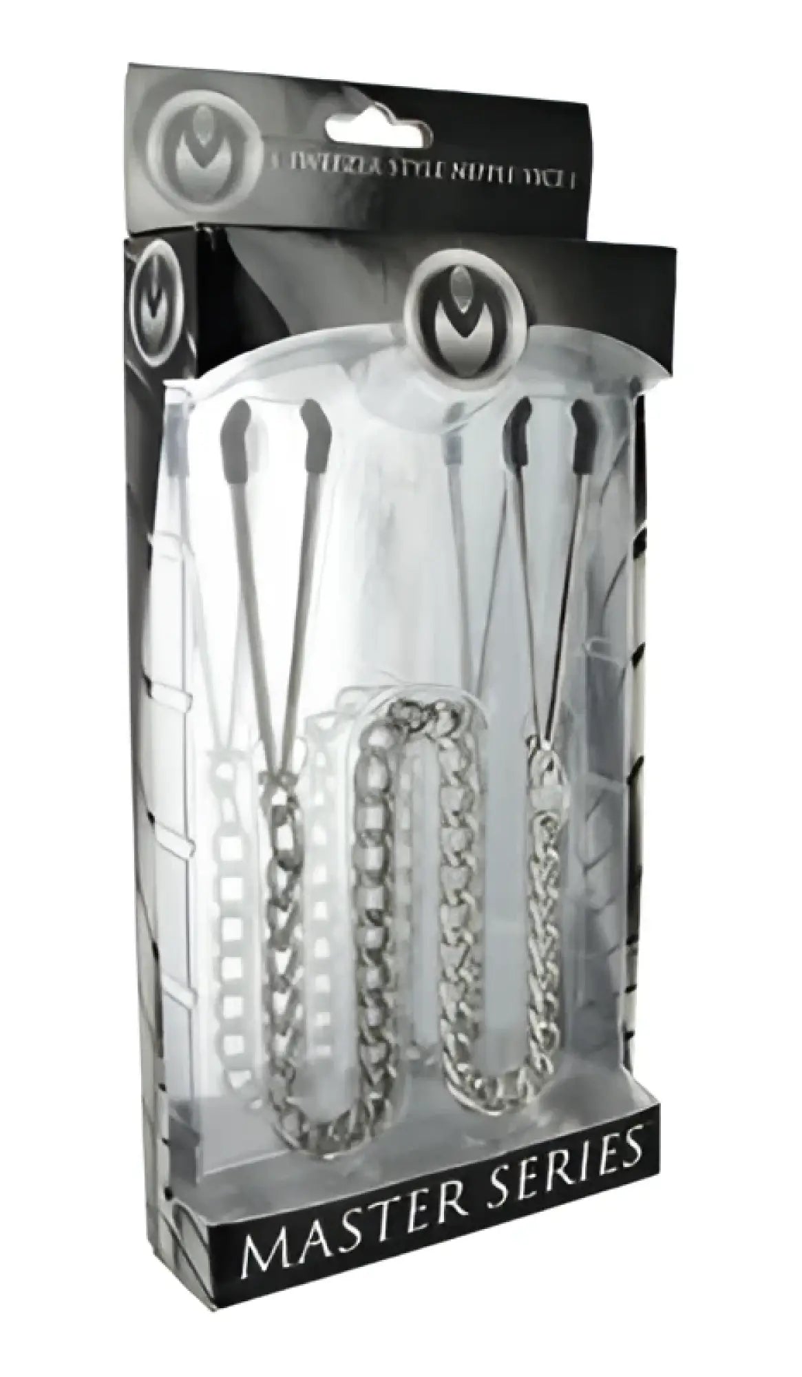 Silver chain-style master series reign tweezer style nipple vice in clear plastic packaging with black branding