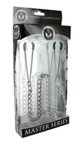 Silver chain-style master series reign tweezer style nipple vice in clear plastic packaging with black branding