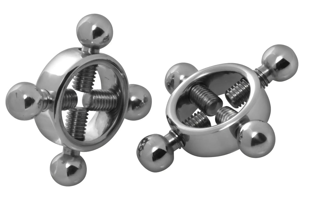 Shiny chrome-finished master series rings of fire stainless steel nipple press set with four ball-ended clamps and threaded rods