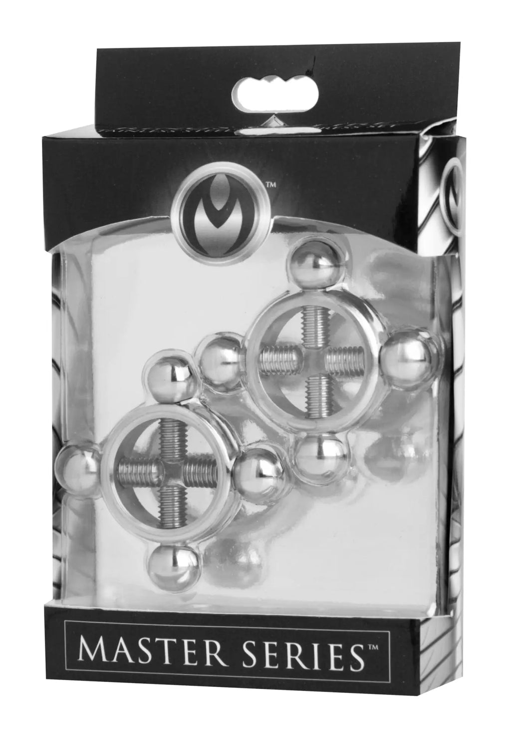 Master series rings of fire stainless steel silver metallic spherical and cross-shaped nipple press set in clear package