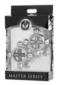 Master series rings of fire stainless steel silver metallic spherical and cross-shaped nipple press set in clear package