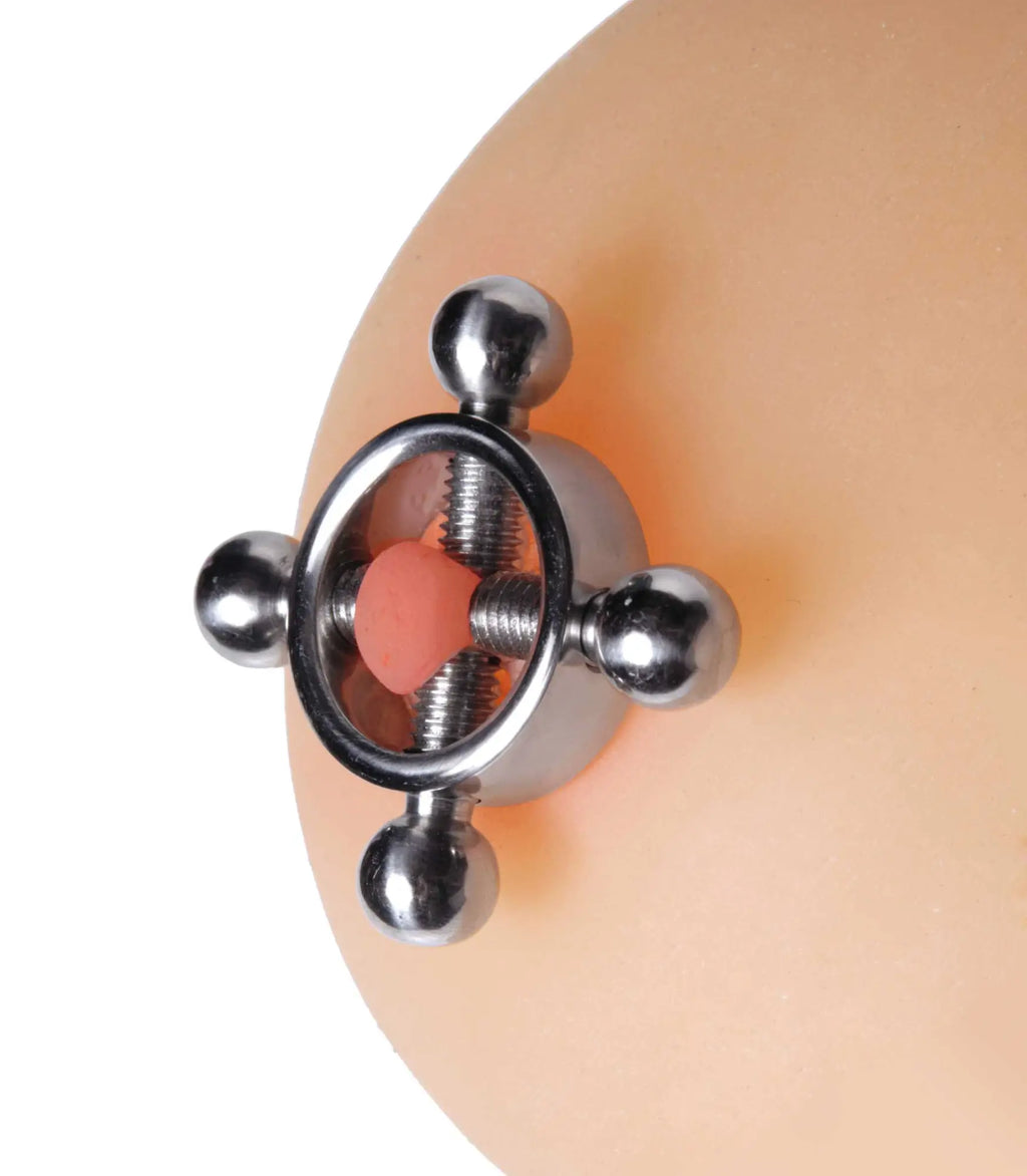 Master Series Rings of Fire stainless steel silver-toned nipple clamp with four ball ends and orange silicone insert